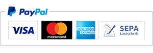 Logos von Paypal, Visa, Mastercard, American Express und SEPA Lastschrift.
